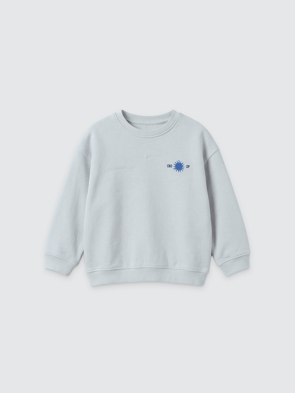 Hellblaues Kinder-Sweatshirt mit Rundhalsausschnitt und überschnittenen Schultern auf hellem Hintergrund. Auf der linken Brustseite befindet sich eine kleine dunkelblaue Grafik, die eine Sonne zeigt, flankiert von dem Text „CEO OF“.