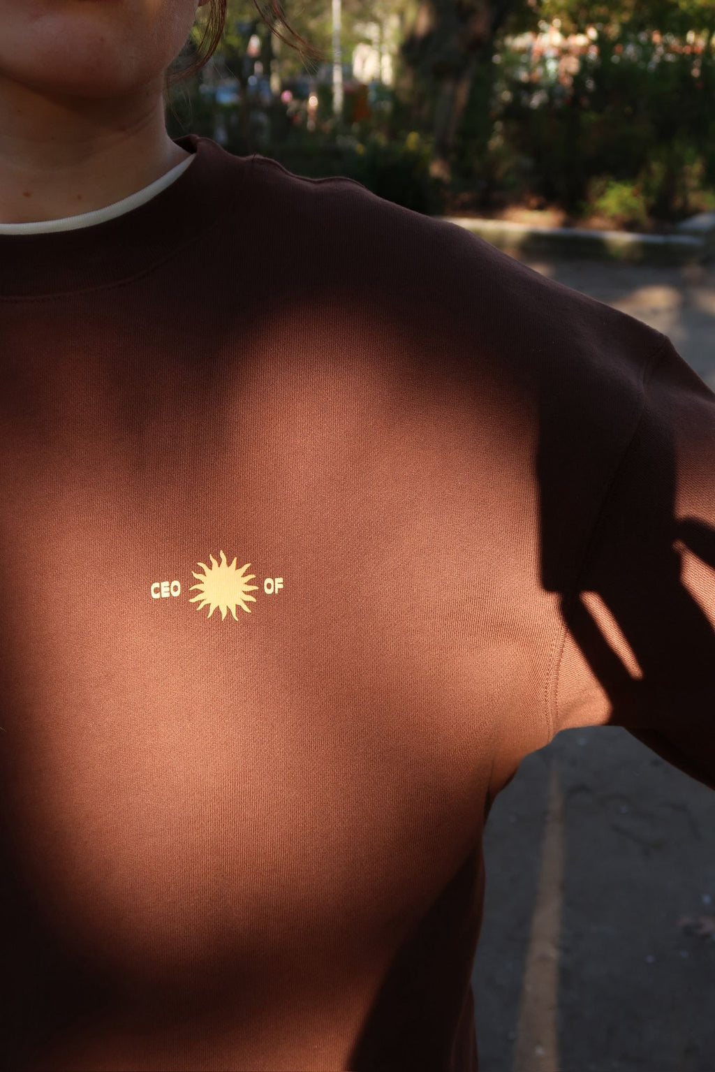 Nahaufnahme einer Person im Freien, die einen braunen Pullover trägt; auf der Brust steht „CEO of“ neben einer stilisierten Sonne, im Hintergrund unscharfe Parklandschaft.